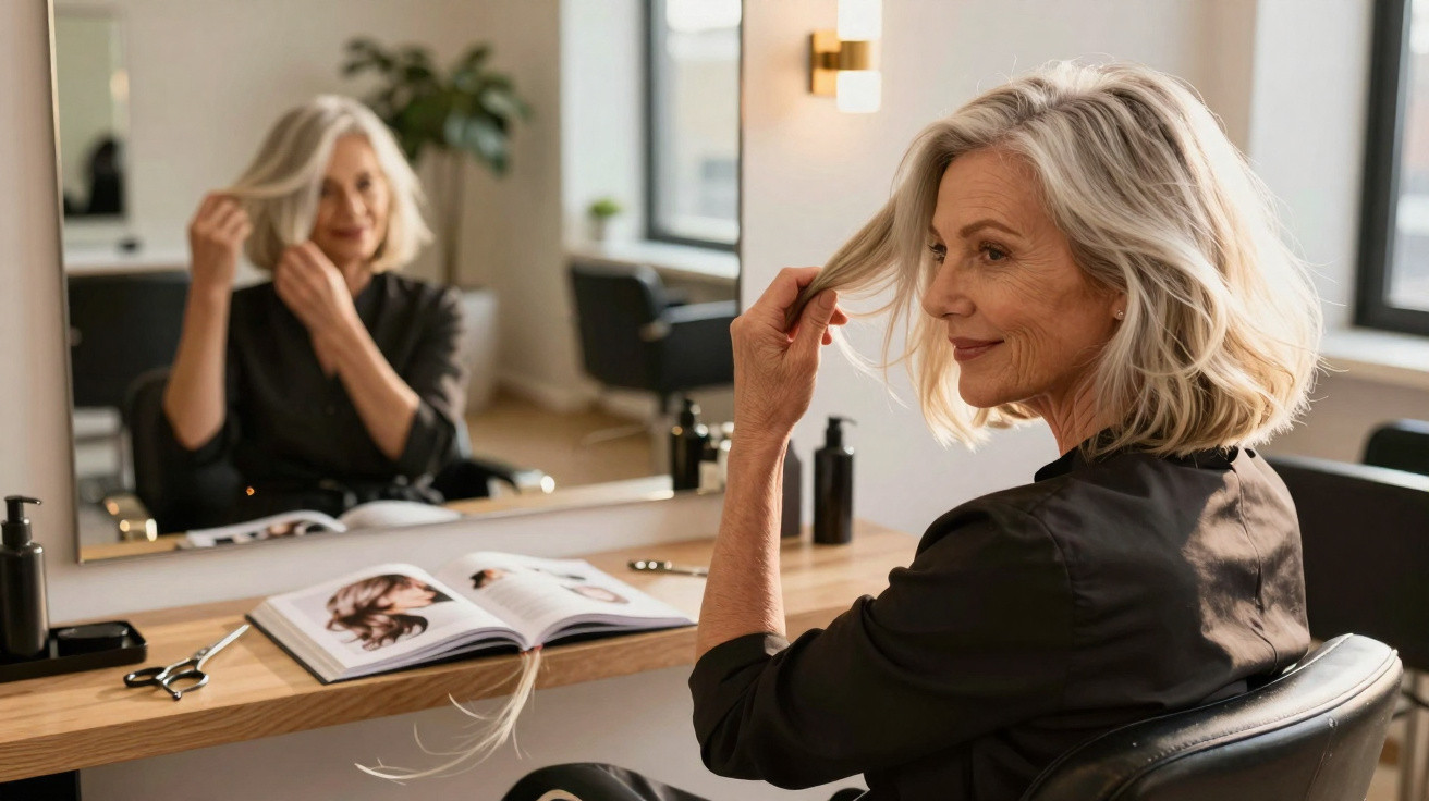 Older woman with blonde hair sitting at a salon vanity, touching her hair and looking at her reflection in the mirror.