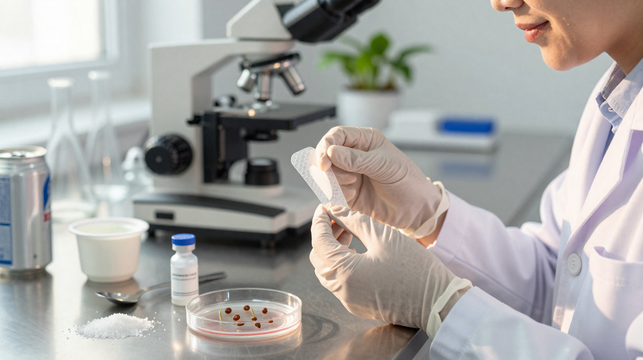 Scientist in lab coat and gloves examining a specimen strip next to petri dish and microscope on metal table.