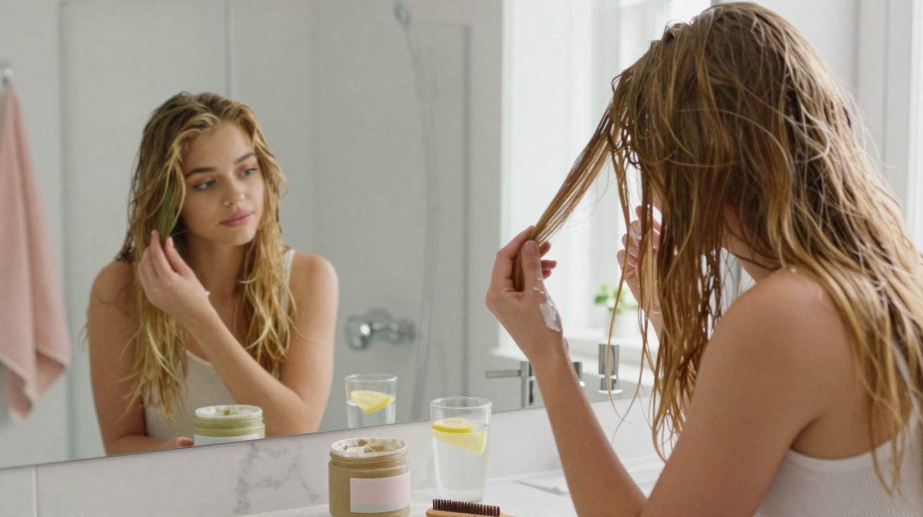 Woman applying hair mask in bathroom mirror with glass of lemon water on counter