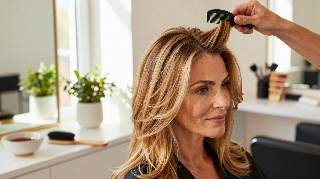 Person with blonde hair having hair styled with a comb in a bright room with plants and a mirror.