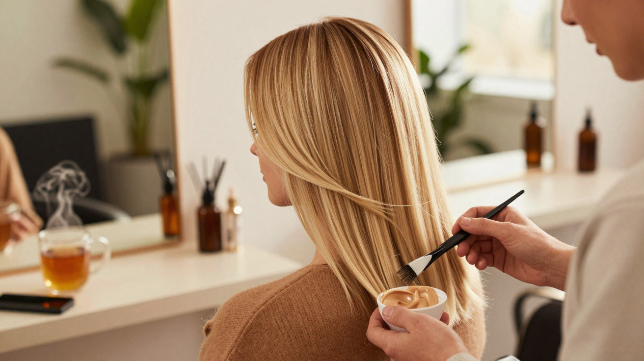 Hairdresser applying treatment with brush to long blonde hair in a salon setting with steaming tea nearby.