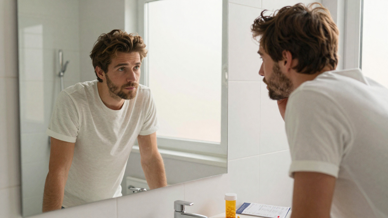 Man with beard and curly hair looking at his reflection in a bathroom mirror, wearing a white t-shirt.