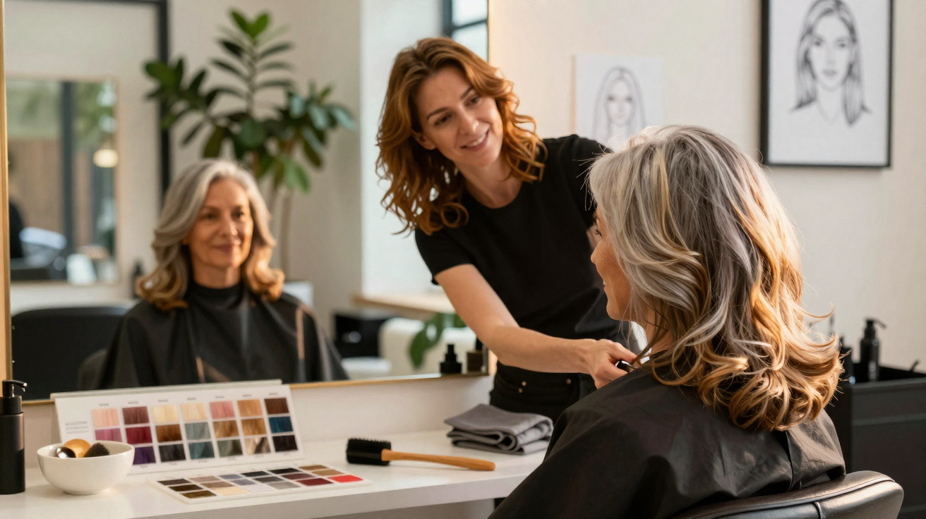 Hairdresser smiling and styling a middle-aged woman's hair in a salon with colour samples on the counter