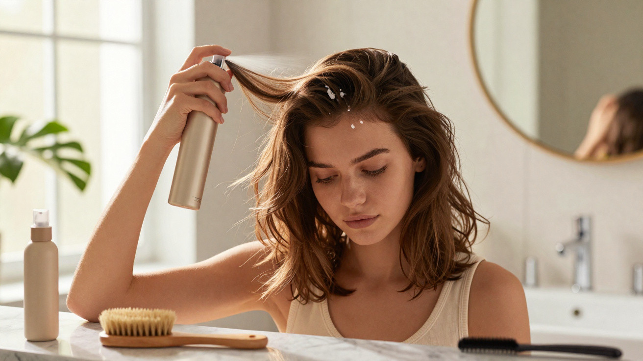 Young woman applying a hair product spray to her roots in a bright bathroom.