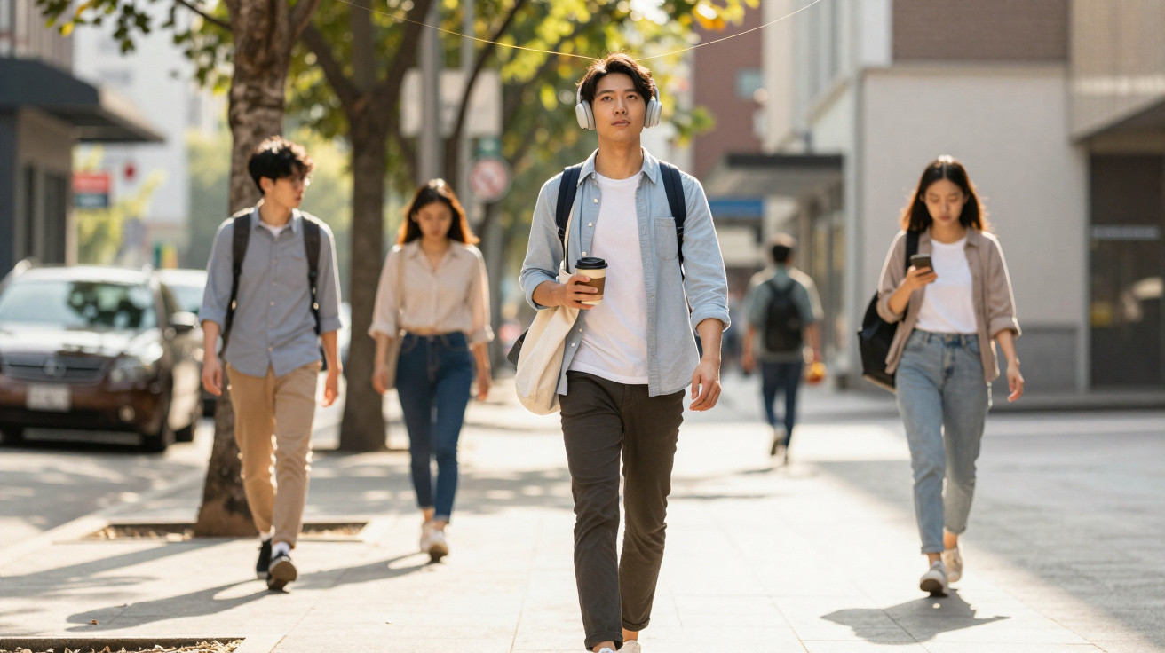 Group of young adults walking outdoors in a city on a sunny day, one wearing headphones and holding a coffee cup.