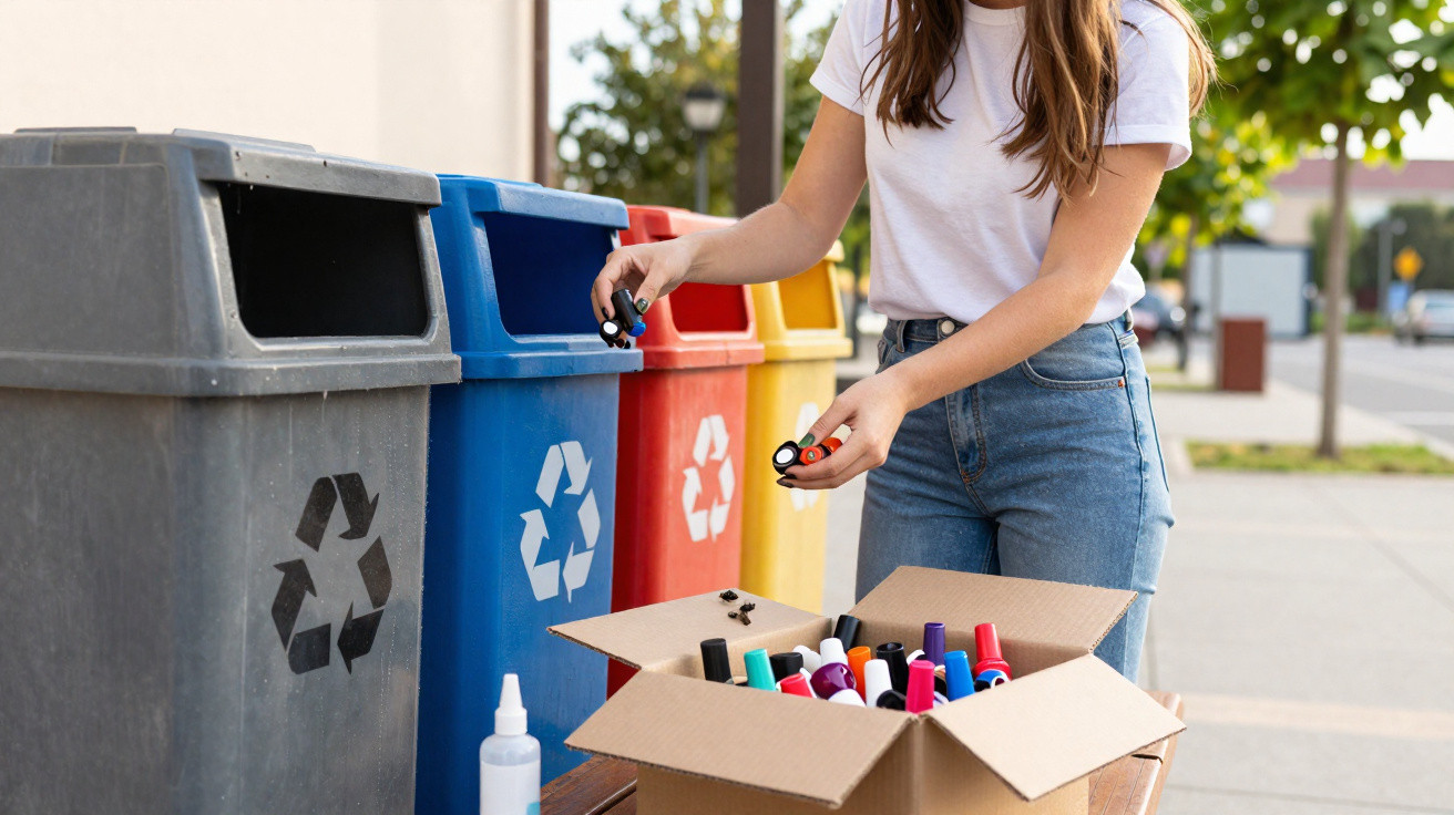 Person sorting recyclable plastic bottles into different coloured recycling bins outdoors.