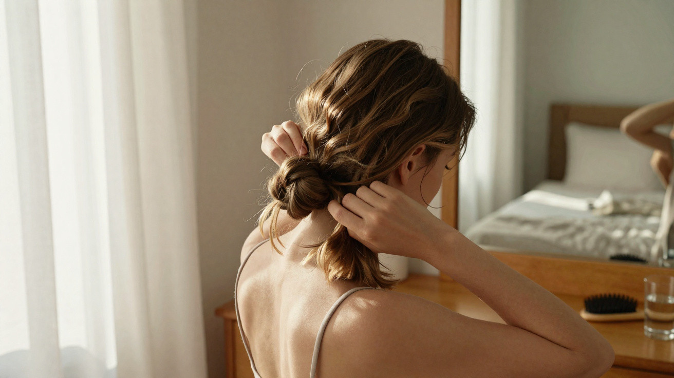Woman with light brown hair tying a low bun in front of a mirror in a softly lit bedroom