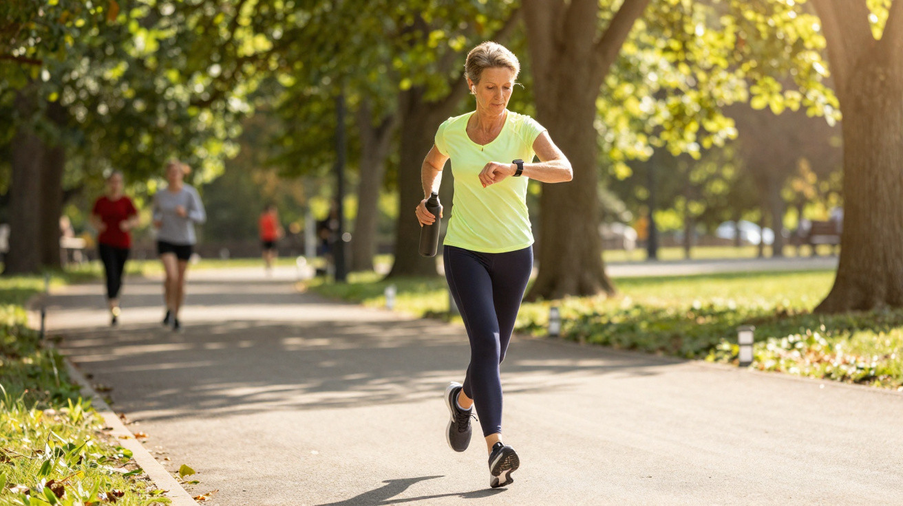 Middle-aged woman jogging in park checking smartwatch, carrying water bottle on sunny day.