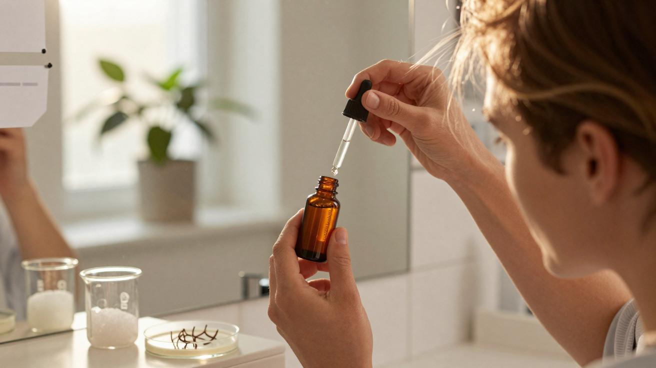 Person using a dropper to extract liquid from an amber glass bottle in a bright bathroom setting.