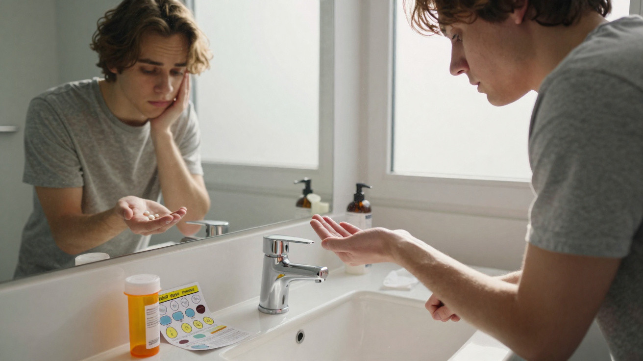Young man in grey t-shirt looking worried, holding pills by bathroom sink with medication bottle and schedule.