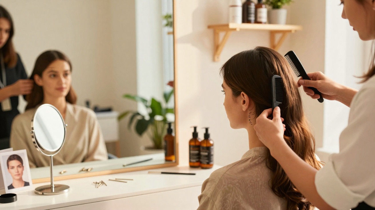 Hairdresser combs a woman’s long brown hair in a salon with a mirror and hair products visible.