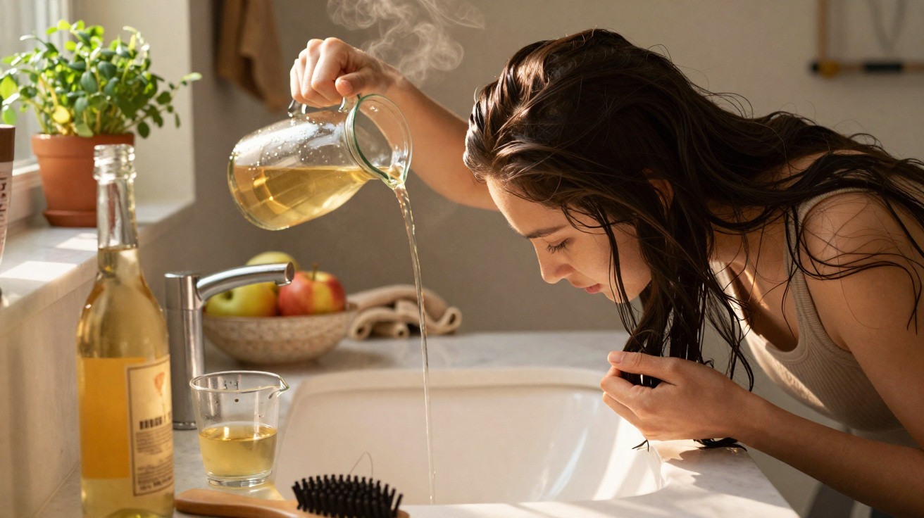 Woman with wet hair pouring steaming hot water from a glass jug into a sink in a bright kitchen.