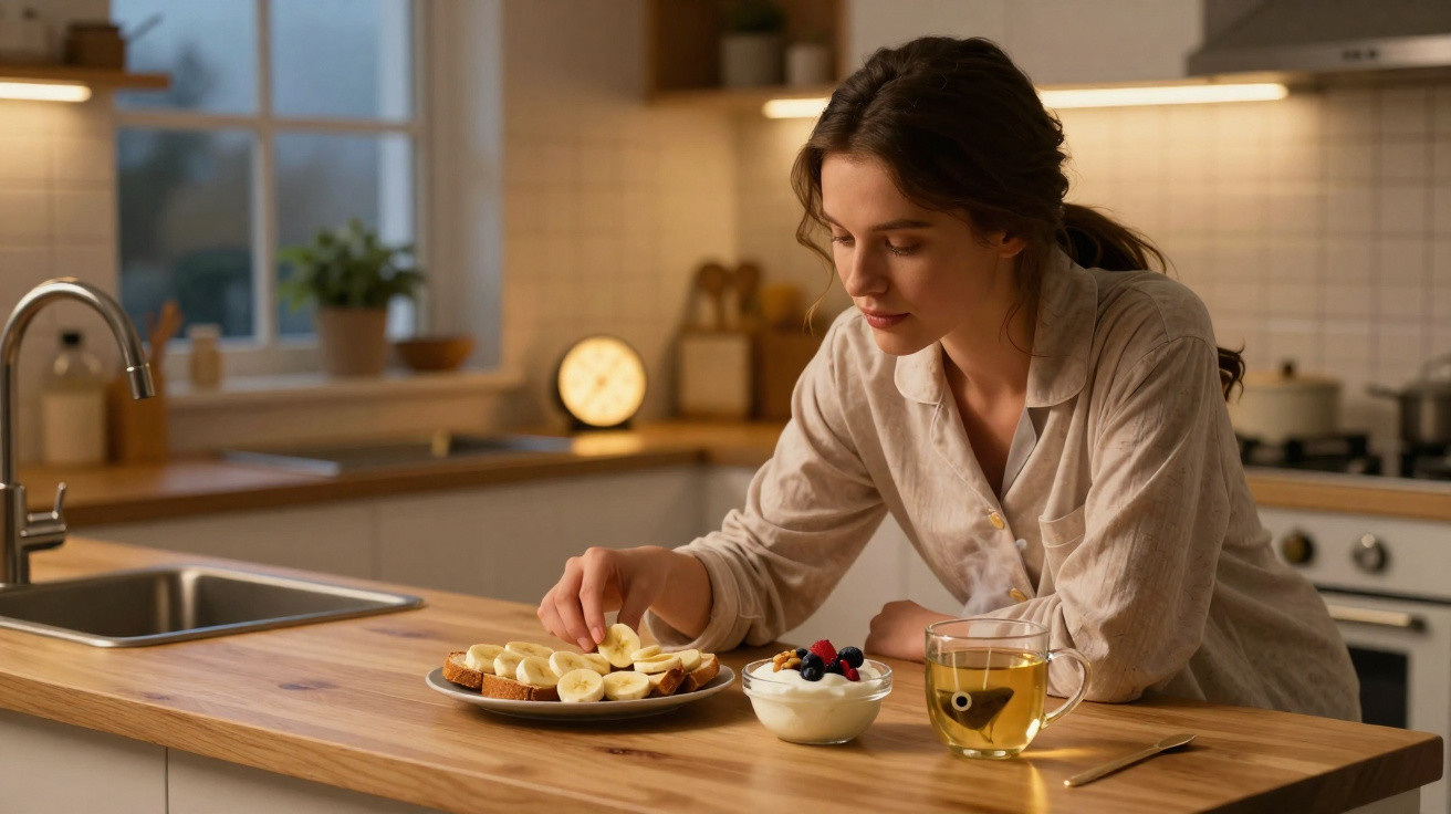Young woman in pyjamas preparing sliced banana on toast in a kitchen with tea and yogurt on the counter.