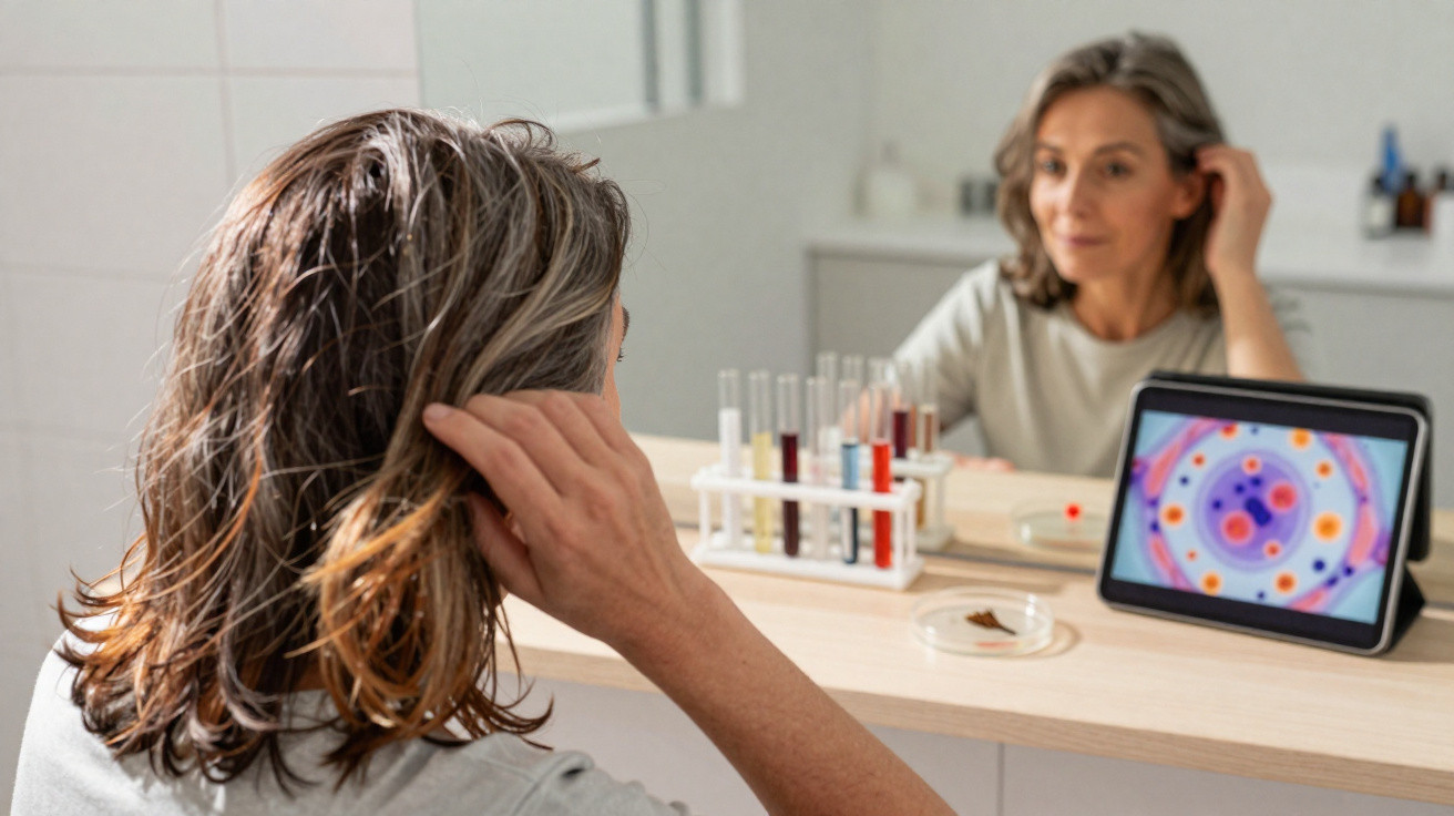 Middle-aged woman looking into a mirror with test tubes and a tablet displaying a cellular graphic on the counter.