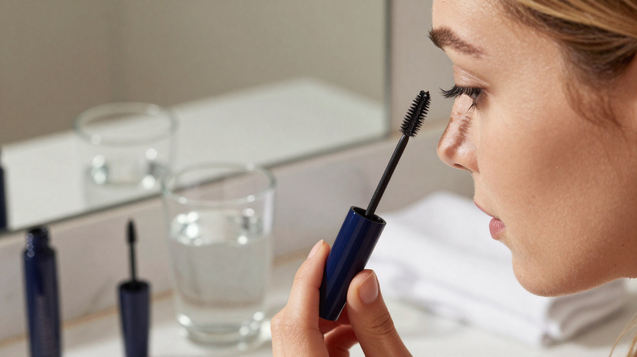 Woman applies black mascara to her eyelashes in front of a bathroom mirror with a glass of water nearby.