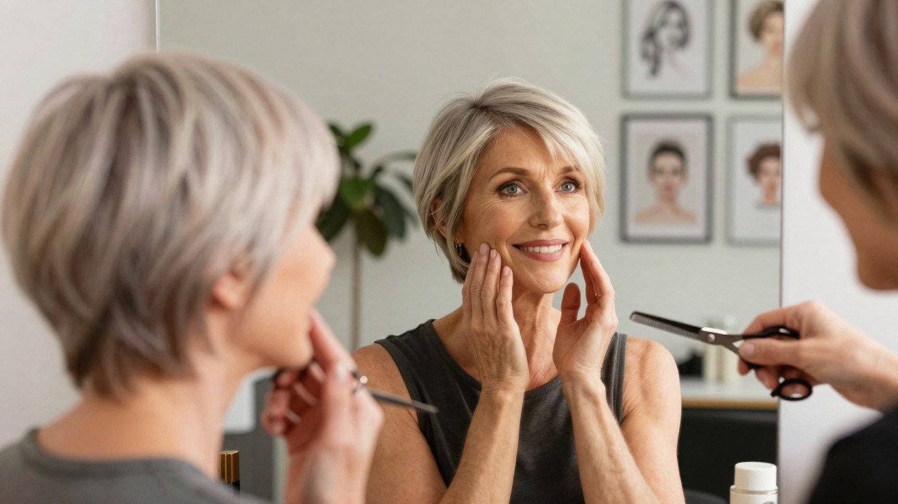 Middle-aged woman with short grey hair smiling and touching her face while looking in a mirror.