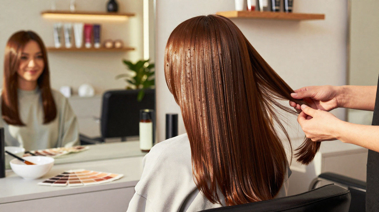 Woman with long straight brown hair in a salon, stylist holding a section of hair near a mirror.