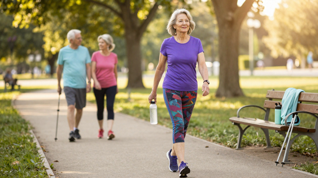 Older woman in colourful leggings walking with water bottle on park path, two older people walking in background.