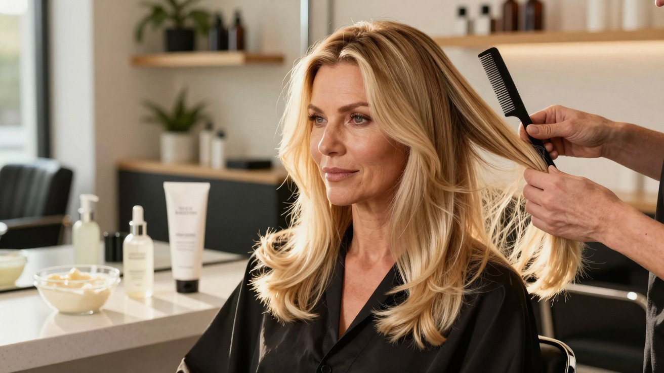 Blonde woman having her hair combed by a hairstylist in a modern salon setting.