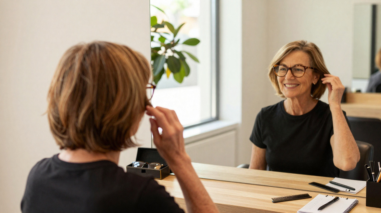 Middle-aged woman wearing glasses smiling at her reflection in a dressing table mirror in a bright room.