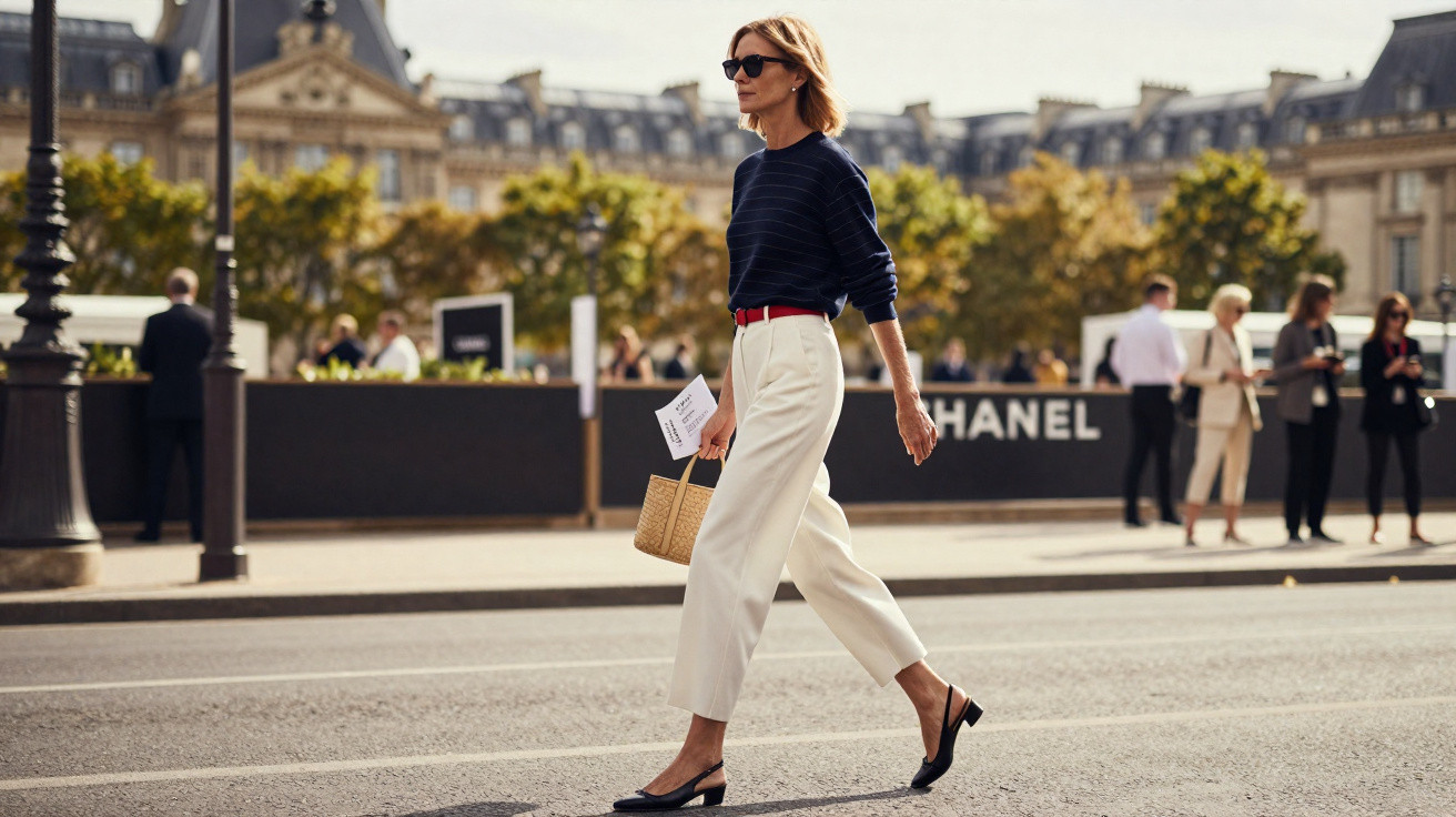 Woman in sunglasses wearing a navy blue top, white trousers, and black heels walking across a city street during daytime.