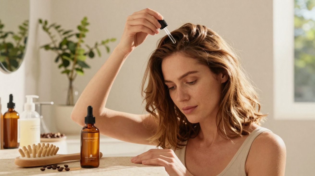 Woman applying hair serum with a dropper in bright bathroom setting with plants and beauty products nearby