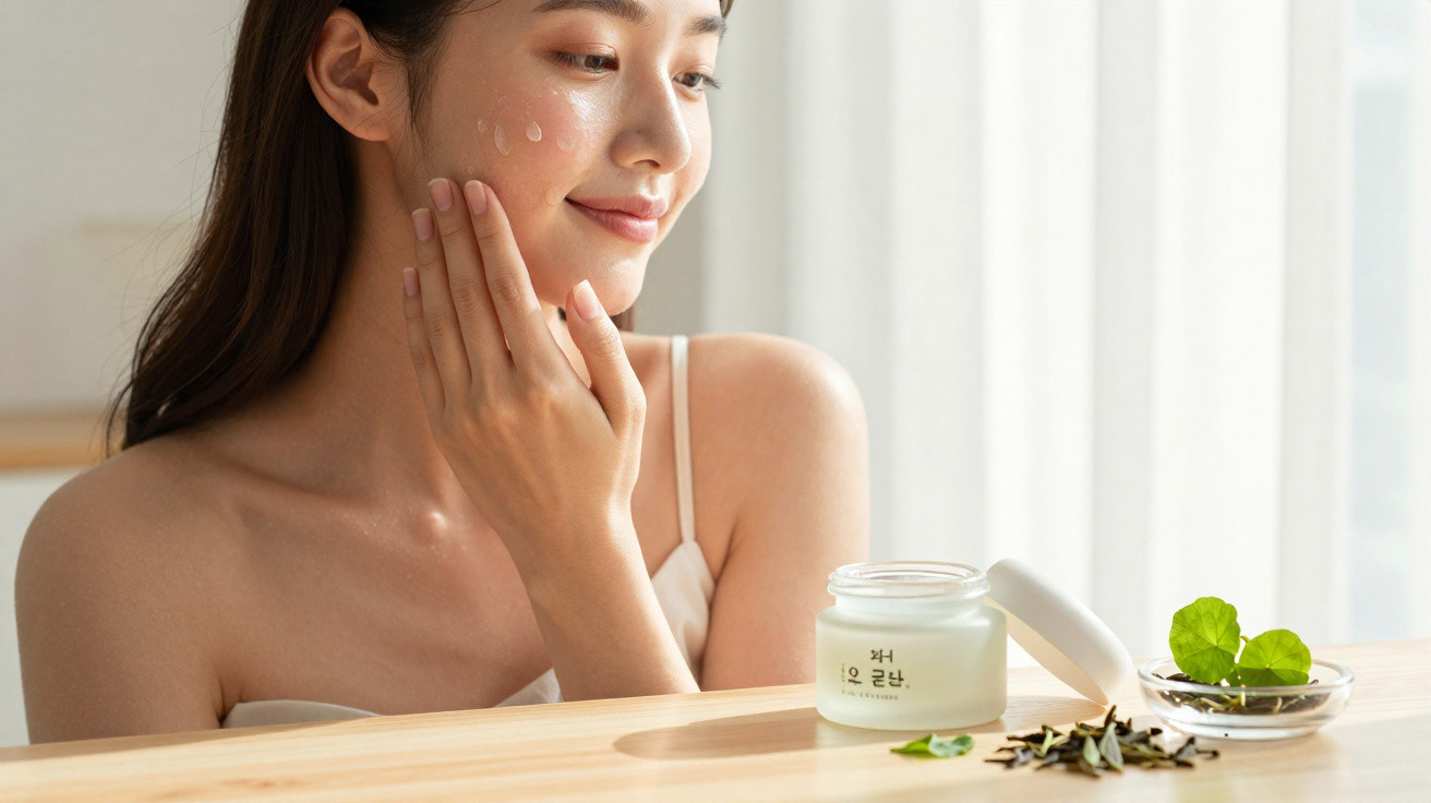 Young woman applying skincare cream to her cheek next to an open jar and natural leaves on a wooden table.