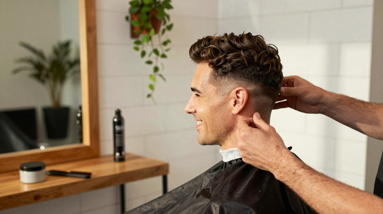 Man getting a haircut in a modern barbershop with a wooden table and plants in the background
