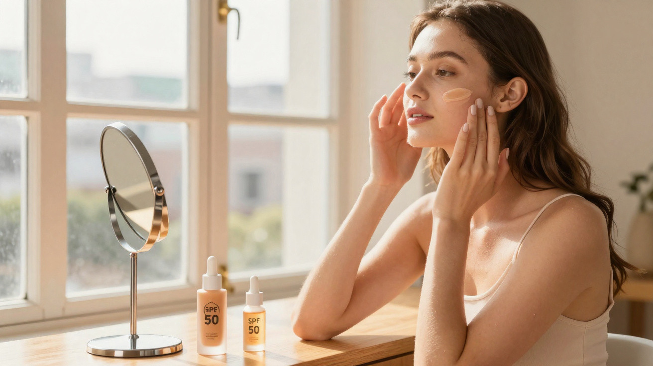 Woman applying SPF 50 sunscreen on her face sitting at a wooden table with a round mirror and window background