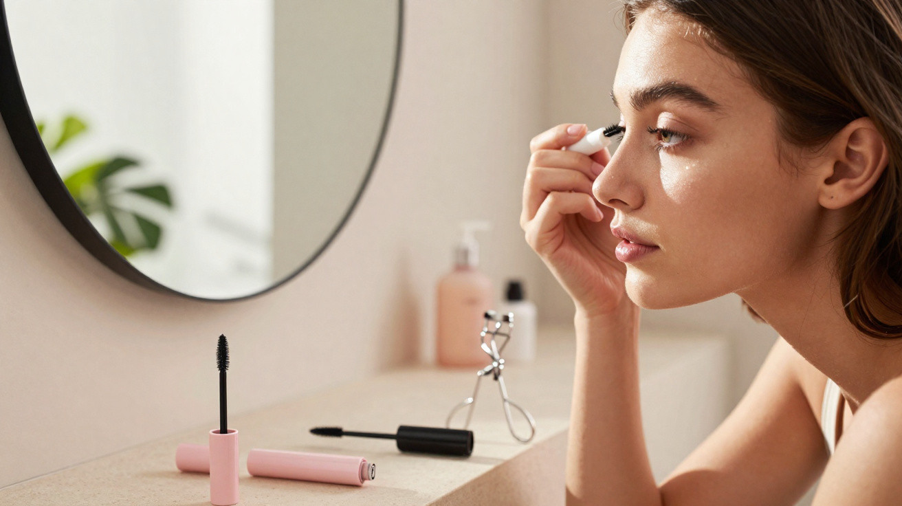 Young woman applying mascara while looking into a round mirror on a bathroom counter with makeup tools.