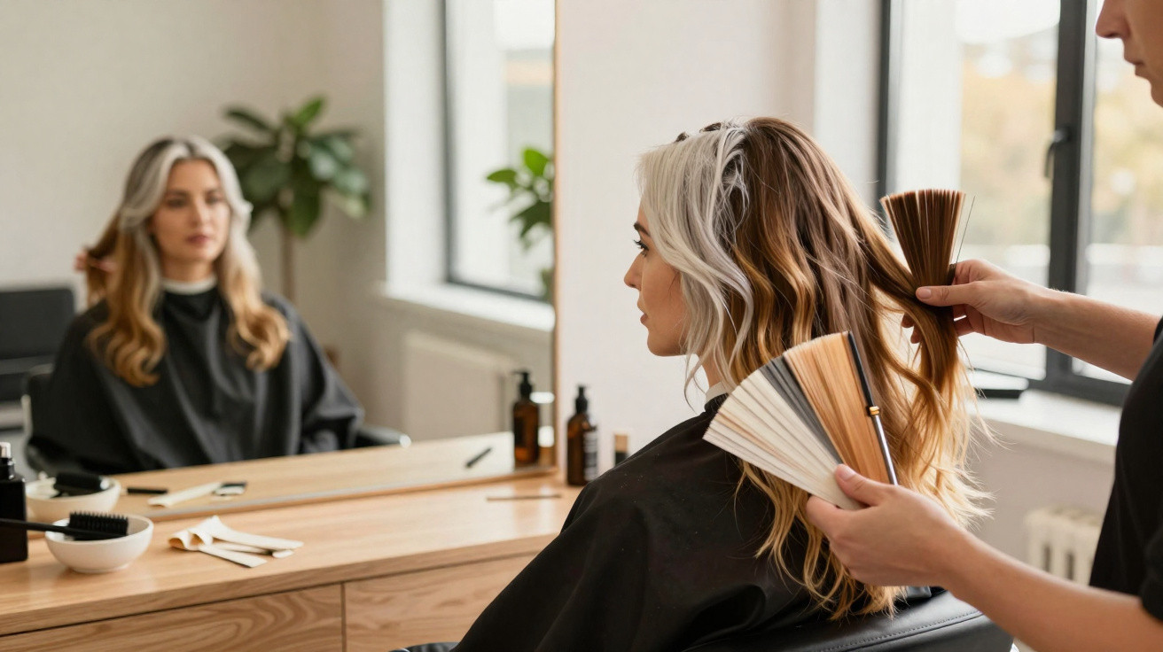 Woman sitting in salon chair having her hair colour matched by a hairdresser using a colour swatch fan.