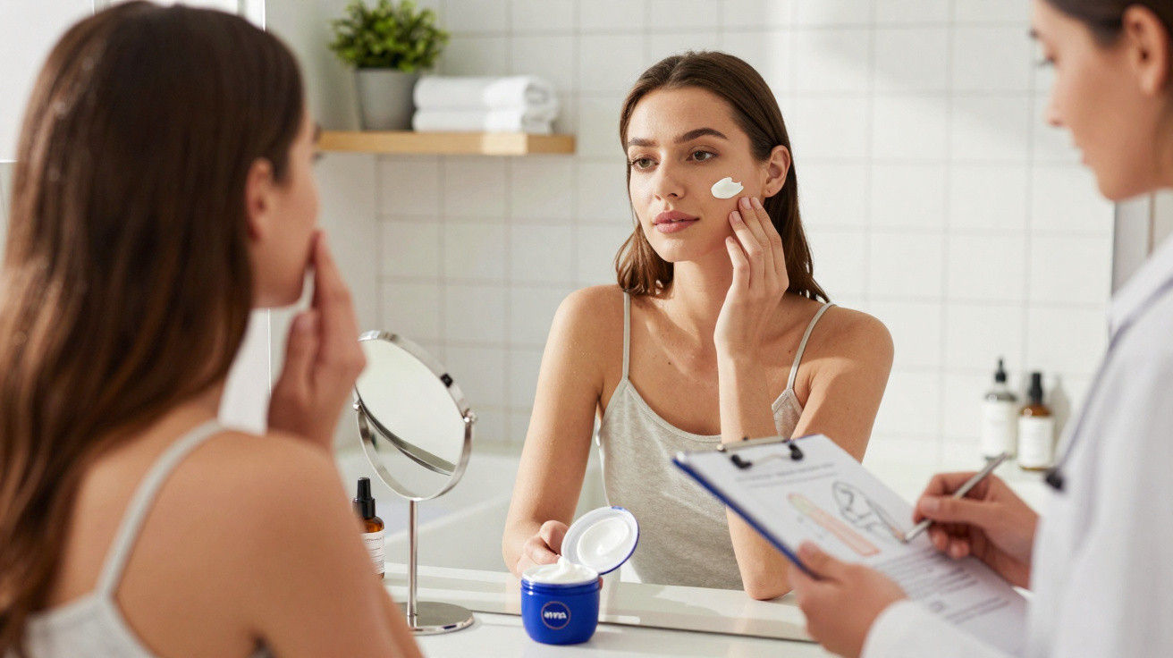 Woman applying face cream in front of mirror while a doctor notes observations on a clipboard.