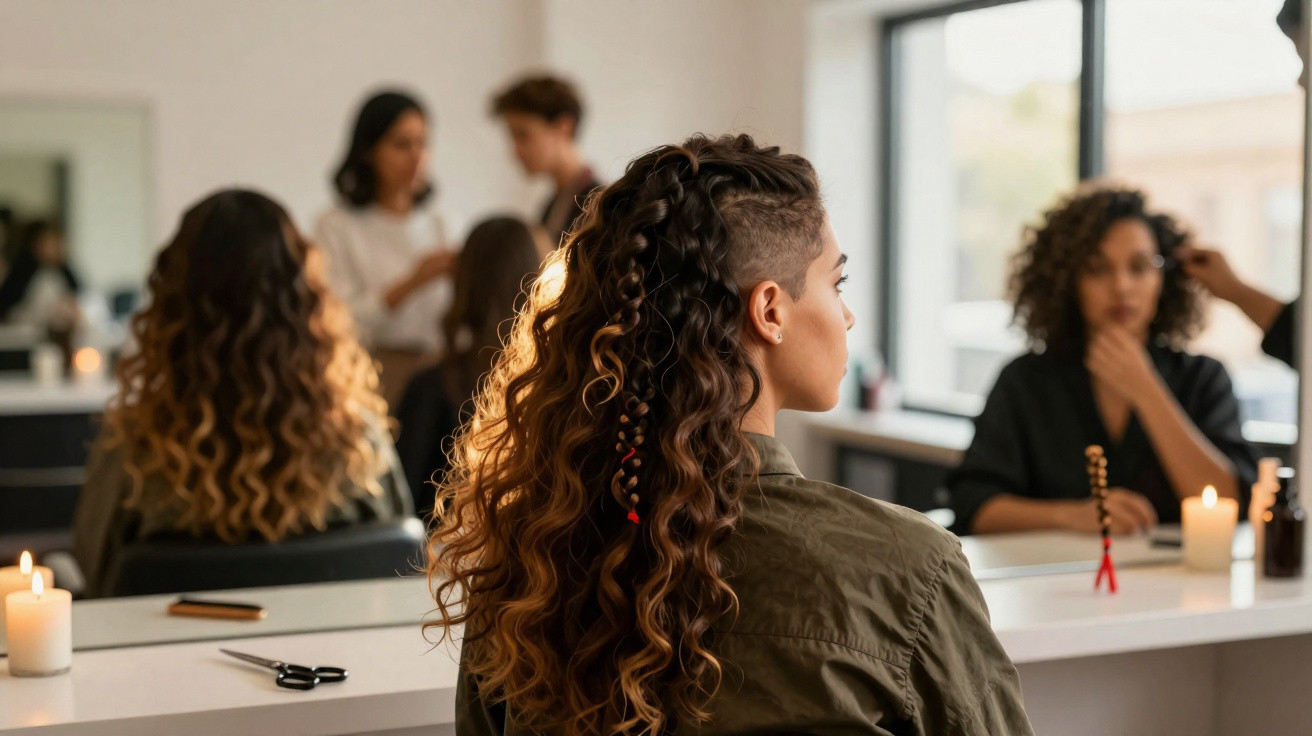 Woman with curly ombre hair sitting in salon chair facing mirror, hairstylists working in background.