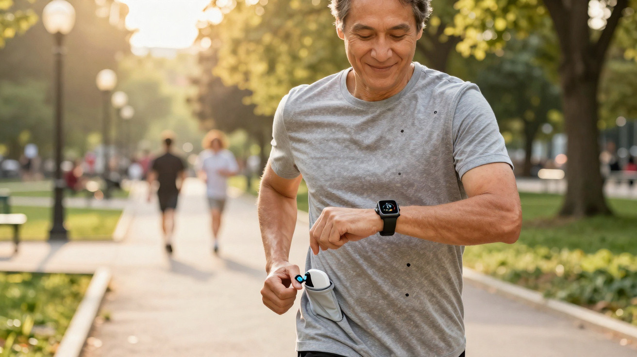 Man in grey t-shirt jogging in park while checking smartwatch and pulling out water bottle from pocket
