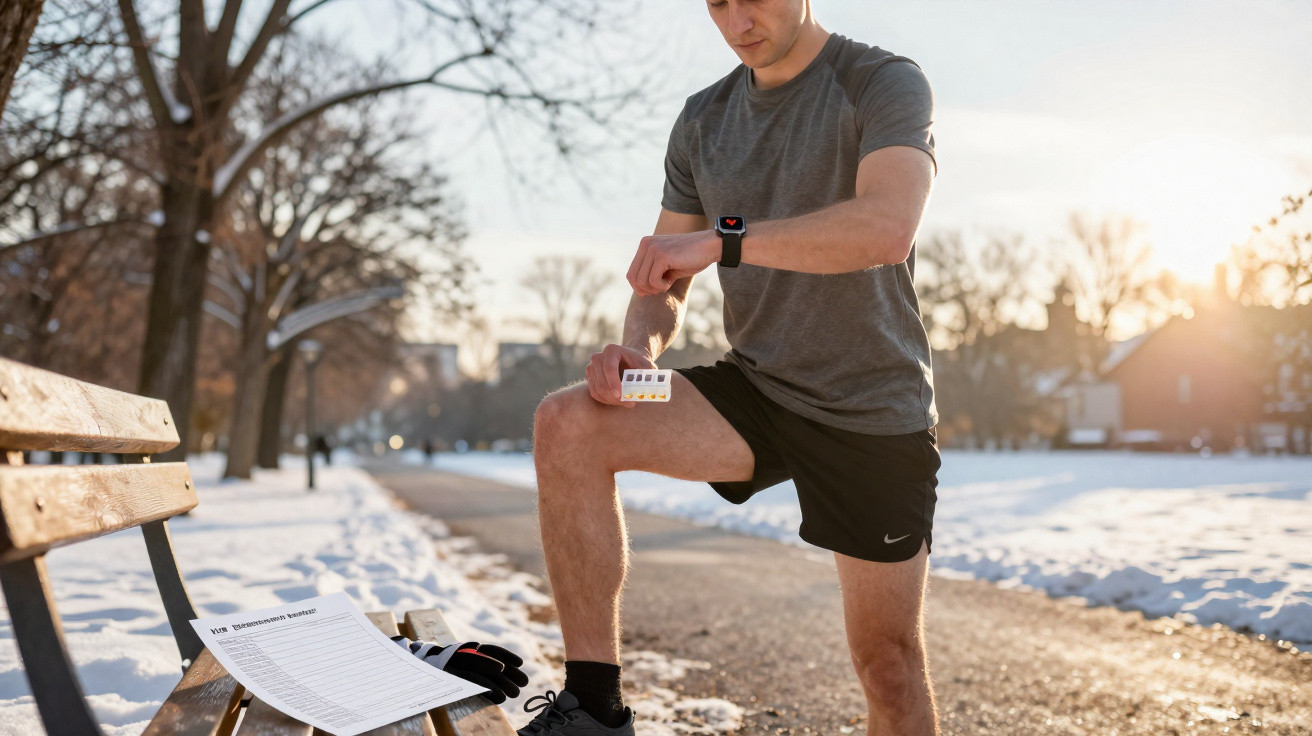 Man in sportswear checking smartwatch while holding a pill blister pack on a snowy park path at sunset