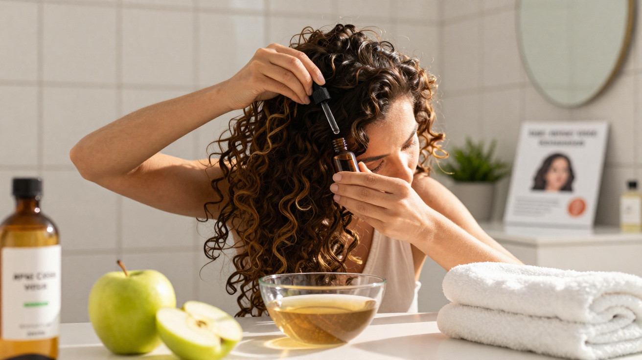 Woman applying hair oil with a dropper in a bright bathroom with apples, a bowl, and folded towels nearby.