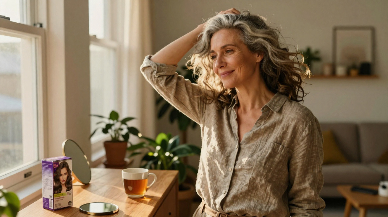 Middle-aged woman with grey hair smiles while sitting by a window at a wooden table with a cup and mirror.