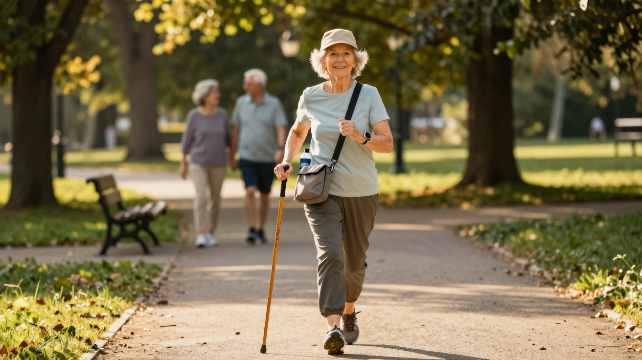 Senior woman walking briskly with a cane on a park path, wearing casual clothes and a hat on a sunny day.