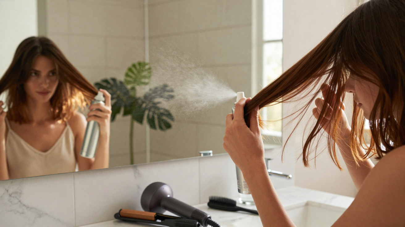 Woman spraying hair product on her long brown hair in a bathroom with a mirror and hair styling tools on the counter.