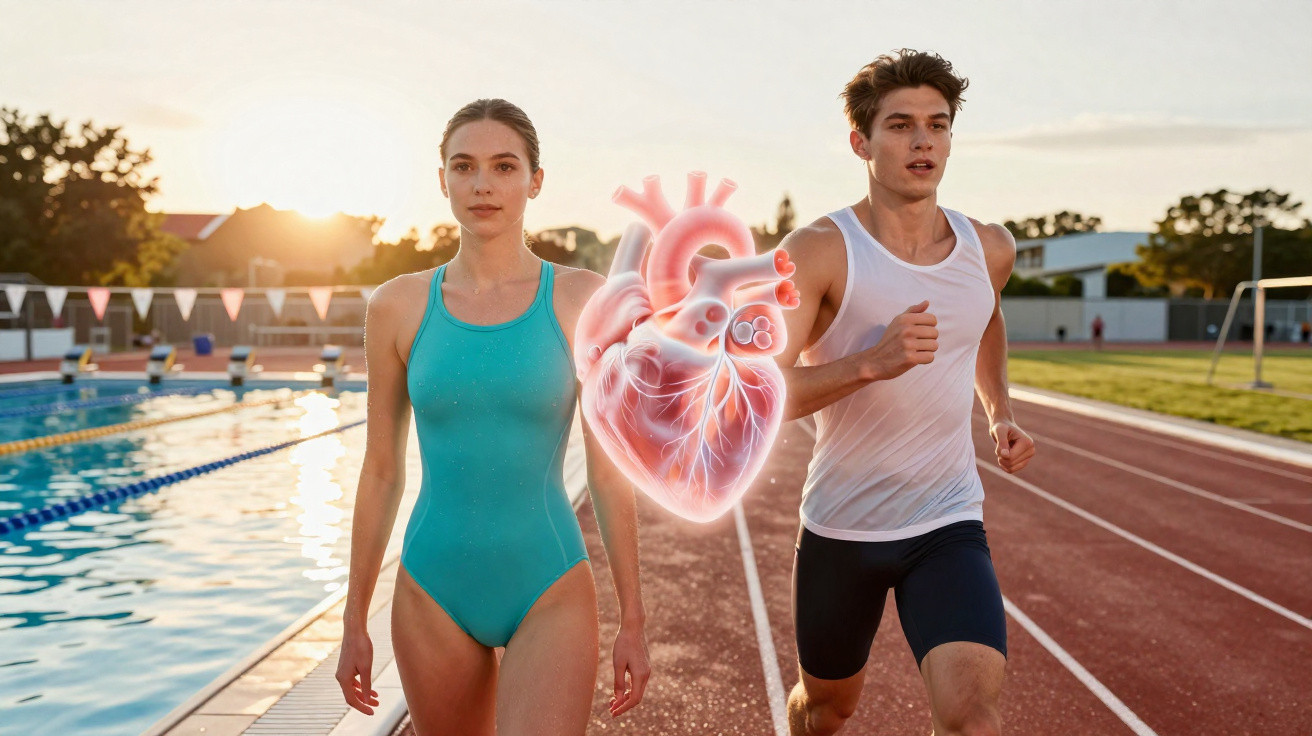 Woman in swimsuit by pool and man running on track at sunset with glowing heart illustration between them