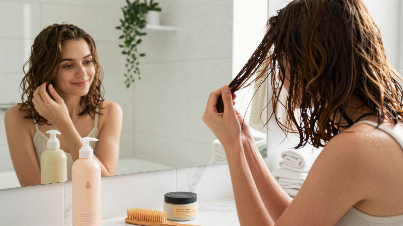 Woman with wet hair looking in bathroom mirror, haircare products and wooden brush on counter.