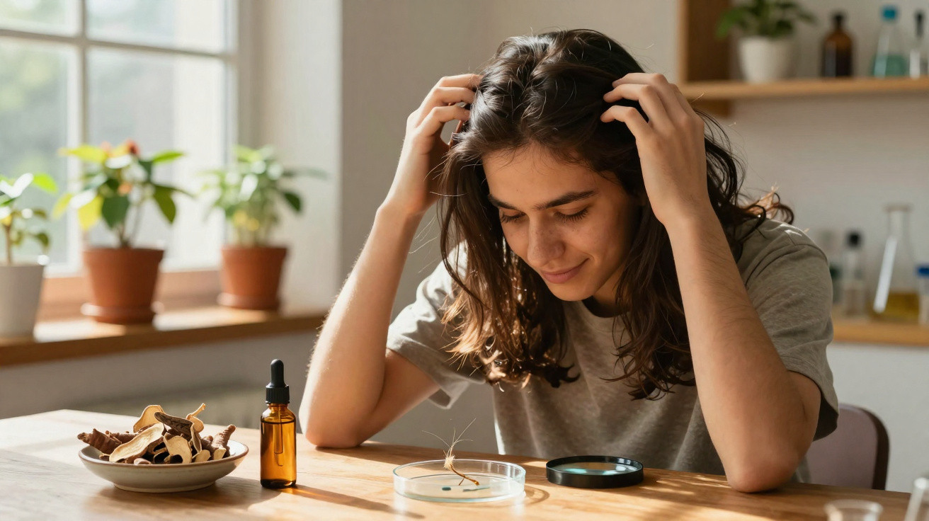 Young woman examining a sprouting plant in a petri dish on a wooden table in a bright room with plants.