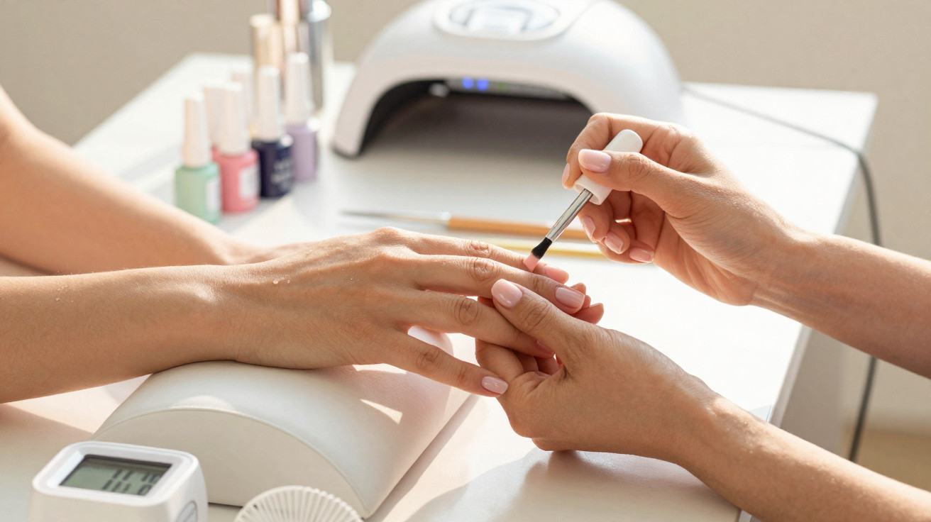 A person applying light pink nail polish to another person's nails at a manicure station.