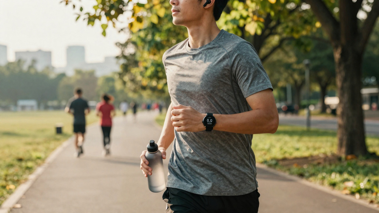 Man wearing grey t-shirt and smartwatch jogging in park holding a water bottle on a sunny day.
