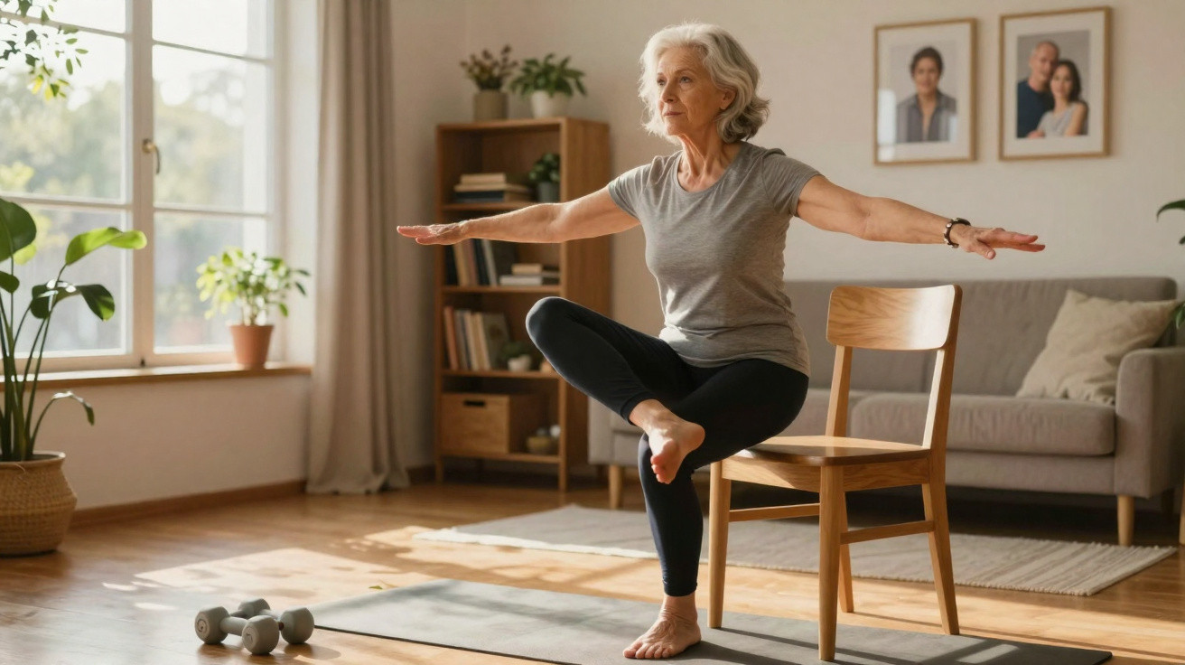 Elderly woman balancing on one leg doing yoga pose next to a chair in a bright living room.