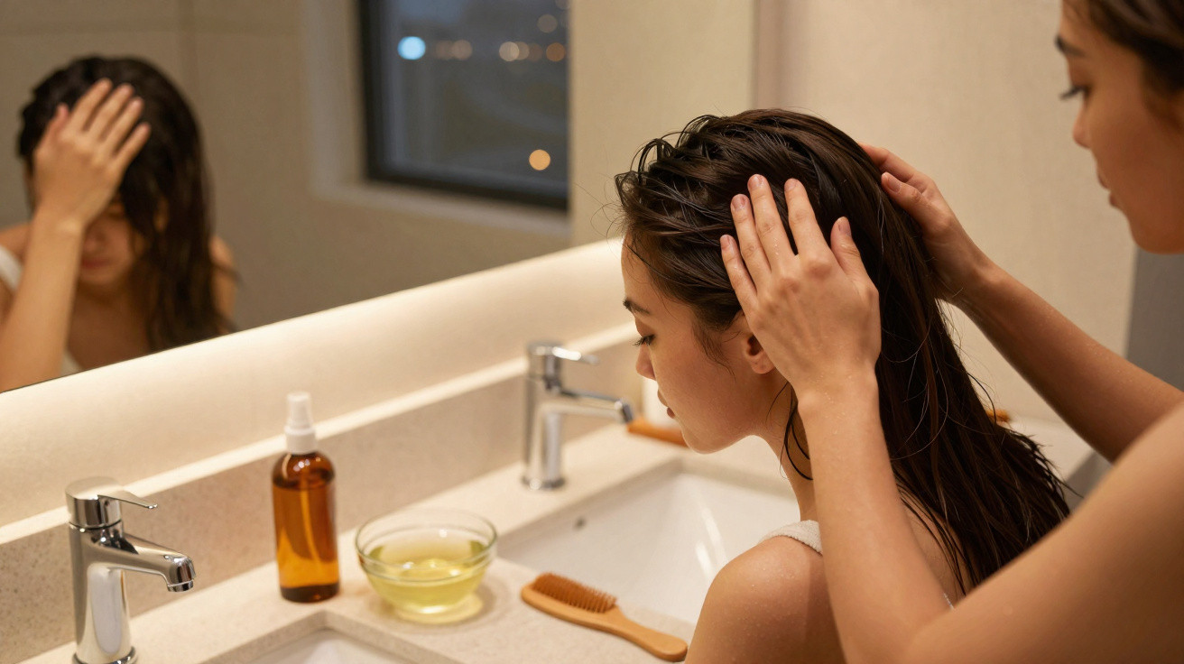 Person applying oil treatment to wet hair in a bathroom sink area with mirror and hairbrush.