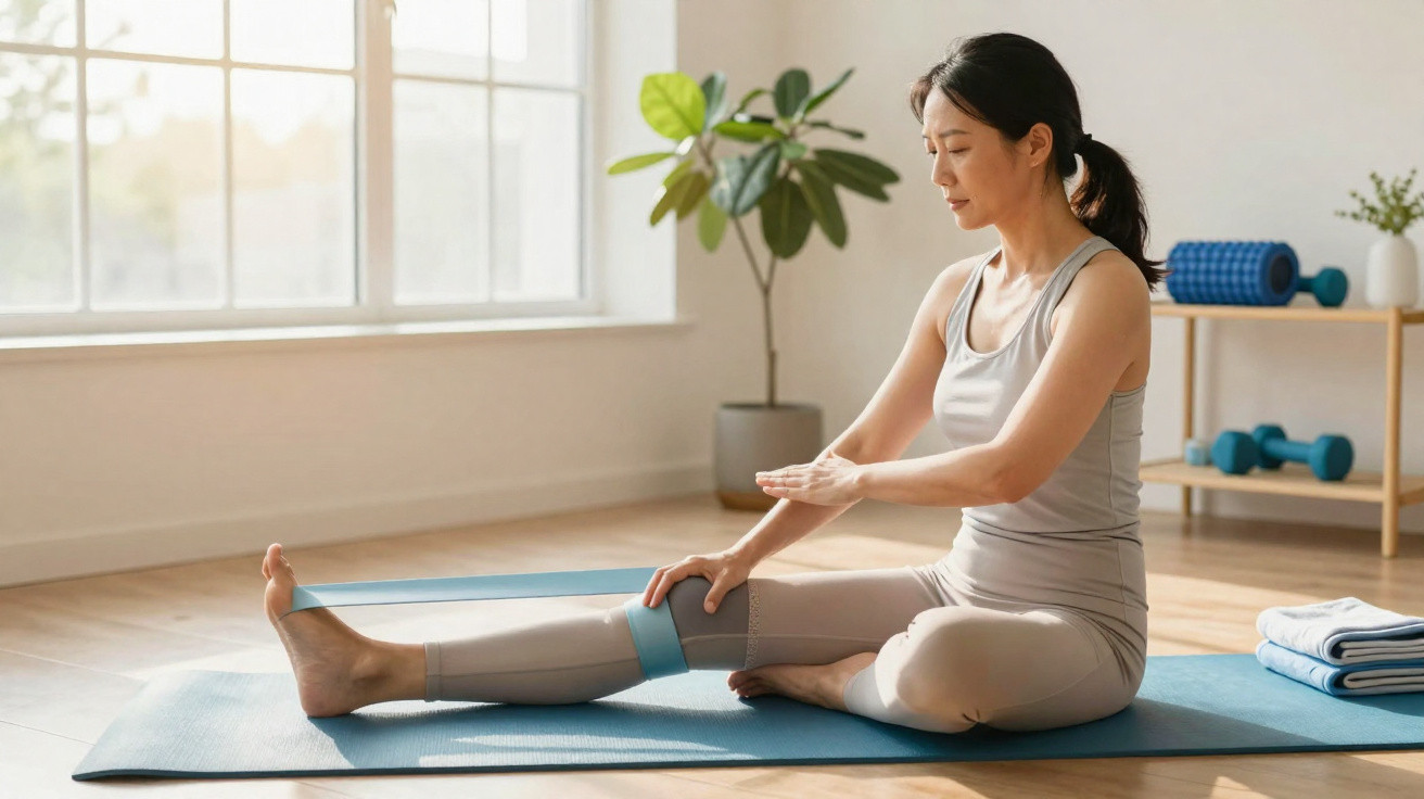 Woman in grey workout clothes exercising with resistance band on leg on blue mat in bright room