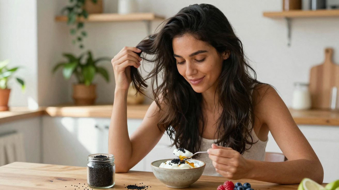 Woman with long dark hair eating yogurt topped with fruit and seeds at a kitchen table