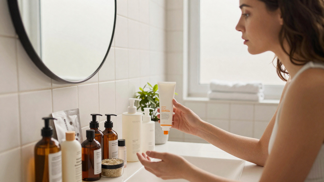 Woman in bathroom holding a skincare tube, surrounded by various skincare bottles on the sink counter.