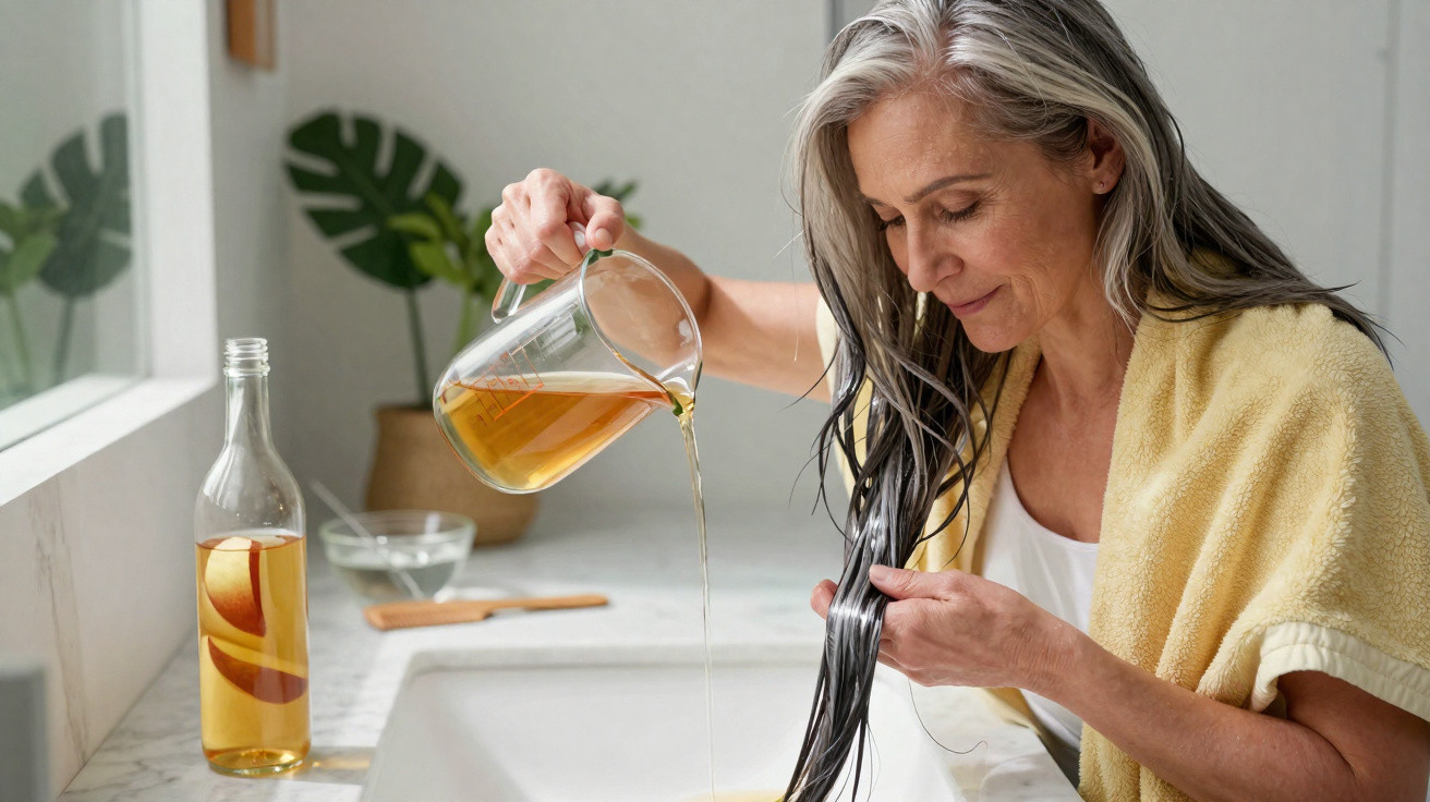 Mature woman with a towel pours liquid from a jug onto her long wet hair over a bathroom sink.
